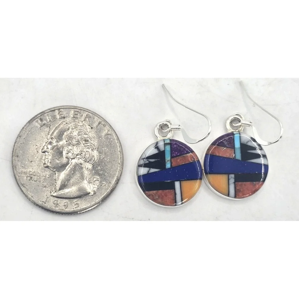 Multi-Gemstone Round Earrings Dangles‎ Sterling Silver 925 Round Signed SM NWOT